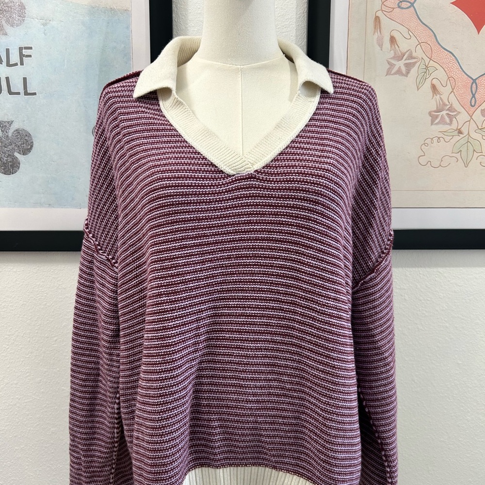 Peace Love World V-Neck Sweater - Purple and White